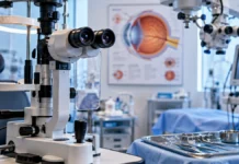 SUS incorpora cirurgia para tratar glaucoma e catarata na mesma operação glaucoma e catarata: clínica oftalmológica ilustrativa com equipamento de exame, sem representar atendimento ou procedimento real.
