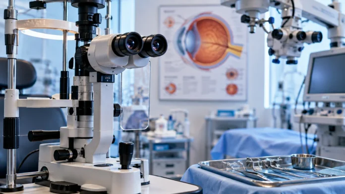 glaucoma e catarata: clínica oftalmológica ilustrativa com equipamento de exame, sem representar atendimento ou procedimento real.