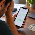 Detran-RO alerta para golpe da CNH oferecida sem provas por WhatsApp Homem observa mensagem suspeita no celular com CNH sobre a mesa em alerta sobre golpe da CNH