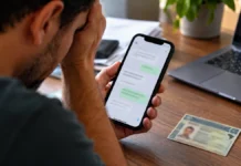 Detran-RO alerta para golpe da CNH oferecida sem provas por WhatsApp Homem observa mensagem suspeita no celular com CNH sobre a mesa em alerta sobre golpe da CNH