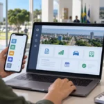 Governo Digital de Vilhena entra em operação nesta segunda; veja serviços Pessoa utiliza notebook e celular em composição editorial sobre o Governo Digital de Vilhena