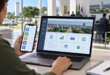 Governo Digital de Vilhena entra em operação nesta segunda; veja serviços Pessoa utiliza notebook e celular em composição editorial sobre o Governo Digital de Vilhena