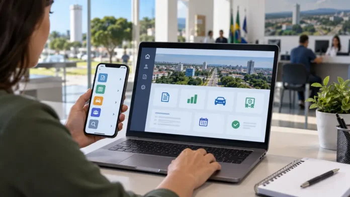Pessoa utiliza notebook e celular em composição editorial sobre o Governo Digital de Vilhena