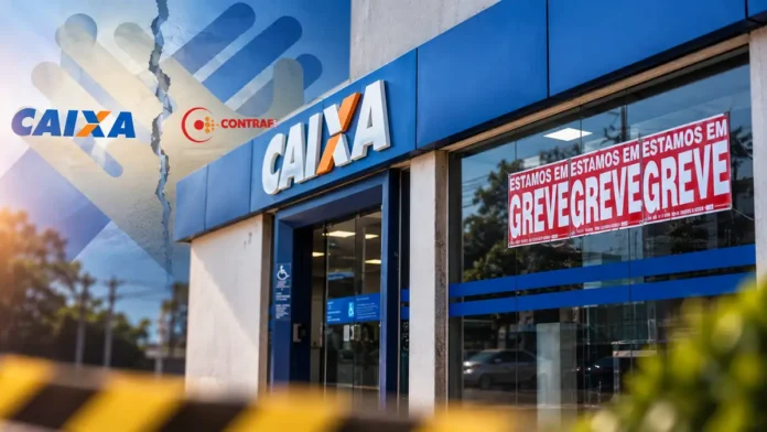 Greve da Caixa em Rondônia em composição editorial com agência e cartaz de greve