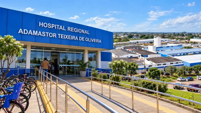 Fachada do hospital de Vilhena em composição editorial sobre o chamamento para gestão do complexo hospitalar