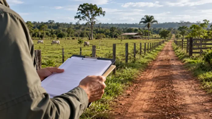 Área rural com pastagem e profissional com prancheta em composição editorial sobre notificações fundiárias do Incra em Rondônia