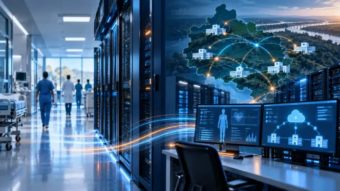 Infraestrutura digital da Saúde em composição editorial com servidores, hospitais e conexões em Rondônia