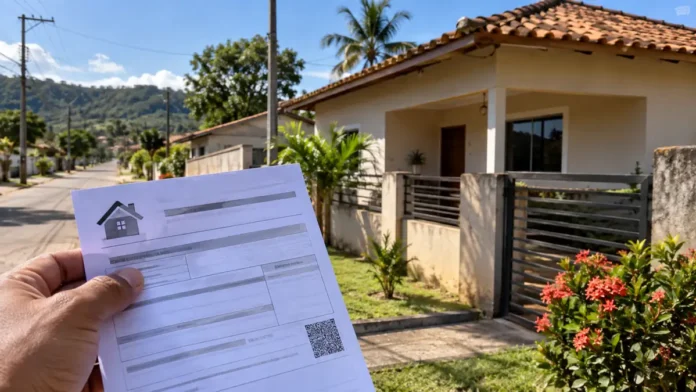 Composição editorial com guia tributária genérica diante de imóvel residencial, representando o IPTU 2026 em Alto Alegre dos Parecis.