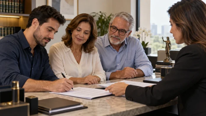 Família adulta em cartório durante assinatura de documentos de inventário e partilha