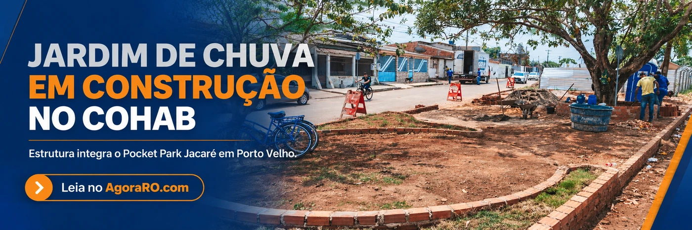 Faixa ilustrativa sobre o jardim de chuva em construção no Cohab, Porto Velho