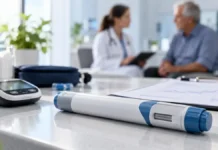 Kyinsu une insulina e semaglutida em aplicação semanal para diabetes tipo 2 Consulta sobre diabetes com caneta injetável genérica em ambiente clínico