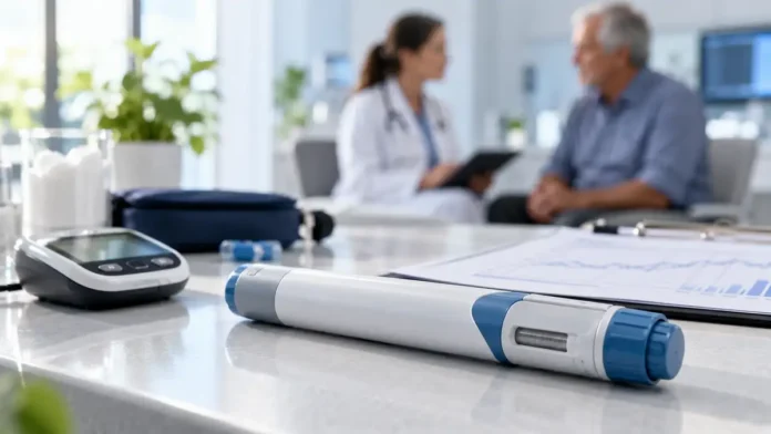 Consulta sobre diabetes com caneta injetável genérica em ambiente clínico