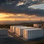 Estocando o vento: Brasil prepara primeiros leilões de baterias de grande porte Sistema de grande porte relacionado ao leilão de baterias no Brasil, com parque eólico e armazenamento de energia