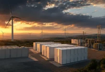 Estocando o vento: Brasil prepara primeiros leilões de baterias de grande porte Sistema de grande porte relacionado ao leilão de baterias no Brasil, com parque eólico e armazenamento de energia