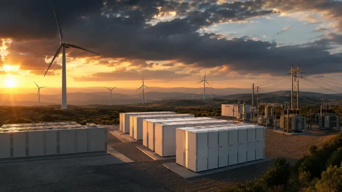Sistema de grande porte relacionado ao leilão de baterias no Brasil, com parque eólico e armazenamento de energia