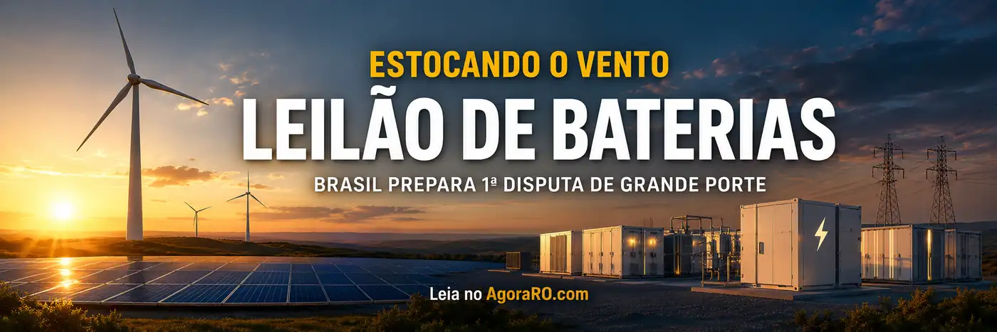 Faixa editorial sobre leilão de baterias no Brasil e armazenamento de energia eólica