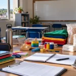 Jaru abre três pregões para materiais escolares e merenda Composição editorial com materiais escolares, itens pedagógicos e alimentos para contextualizar licitações da educação em Jaru.