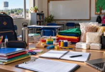 Jaru abre três pregões para materiais escolares e merenda Composição editorial com materiais escolares, itens pedagógicos e alimentos para contextualizar licitações da educação em Jaru.