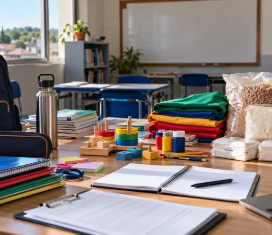 Jaru abre três pregões para materiais escolares e merenda Composição editorial com materiais escolares, itens pedagógicos e alimentos para contextualizar licitações da educação em Jaru.