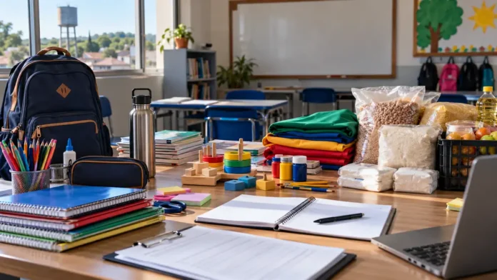 Composição editorial com materiais escolares, itens pedagógicos e alimentos para contextualizar licitações da educação em Jaru.