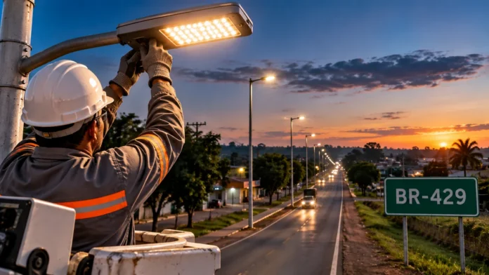 Composição editorial ilustrativa sobre iluminação pública e luminárias na BR-429 em Seringueiras