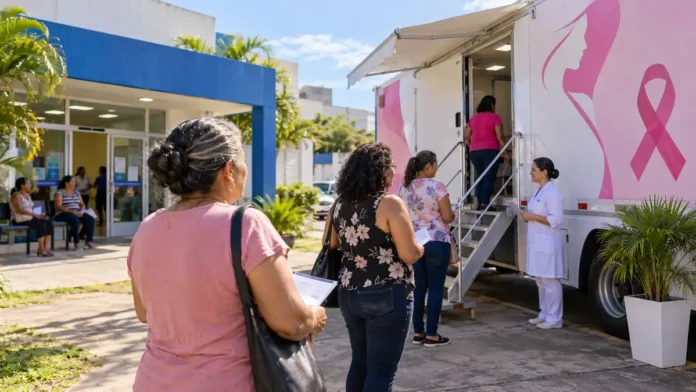 Mamografia gratuita em Porto Velho Composição editorial de unidade móvel de mamografia com mulheres aguardando atendimento em unidade de saúde.