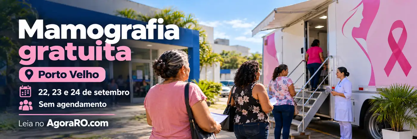 Mamografia gratuita em Porto Velho — Faixa Faixa editorial sobre mamografia gratuita em Porto Velho nos dias 22, 23 e 24 de setembro, sem agendamento.