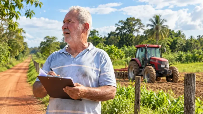 Produtor rural em propriedade agrícola em composição editorial sobre o manual do ITR 2026