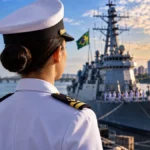 Marinha abre inscrições para uma vaga de Direito em Porto Velho Composição ilustrativa sobre seleção da Marinha em Porto Velho, com figura de uniforme naval, símbolo da Justiça e embarcação fictícia.