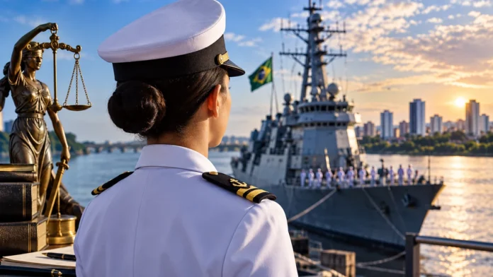 Composição ilustrativa sobre seleção da Marinha em Porto Velho, com figura de uniforme naval, símbolo da Justiça e embarcação fictícia.