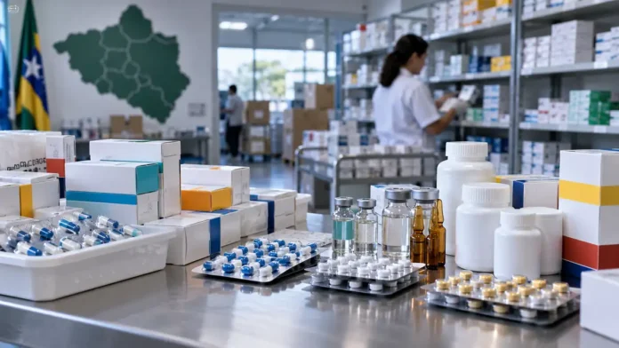 Composição editorial sobre medicamentos CEAF Rondônia em ambiente farmacêutico.