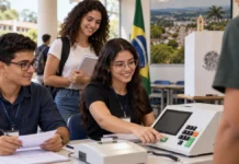 Universitários de Cacoal podem atuar como mesários e ganhar horas complementares Mesário universitário em Cacoal em ambiente eleitoral com estudantes e urna eletrônica