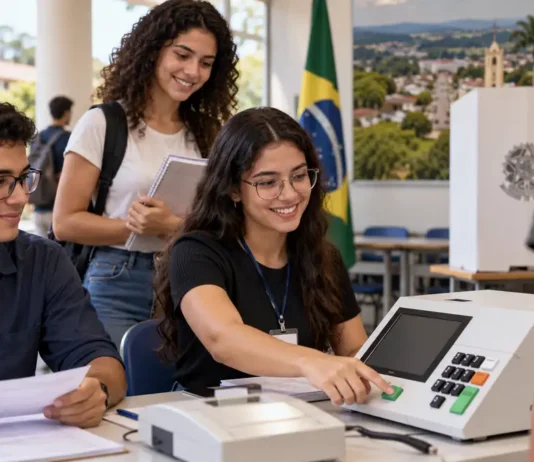 Universitários de Cacoal podem atuar como mesários e ganhar horas complementares Mesário universitário em Cacoal em ambiente eleitoral com estudantes e urna eletrônica