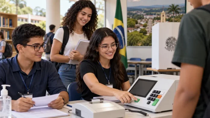 Mesário universitário em Cacoal em ambiente eleitoral com estudantes e urna eletrônica
