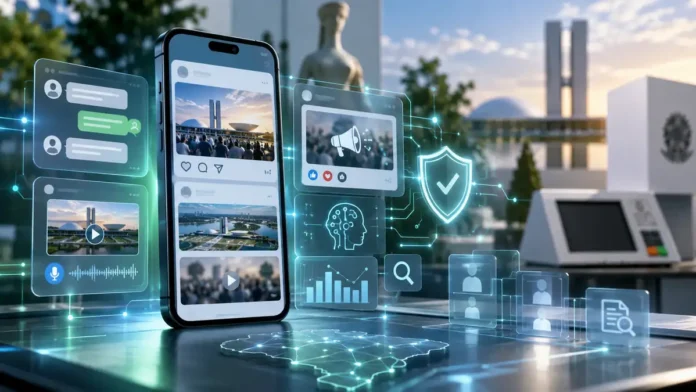 Composição editorial sobre tecnologia, redes digitais e regras eleitorais nas Eleições 2026