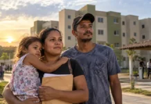 15 famílias voltam à seleção por uma moradia no Morar Melhor II Família em composição editorial humanizada diante de residencial, representando retorno de 15 famílias à seleção do Morar Melhor II em Ji-Paraná