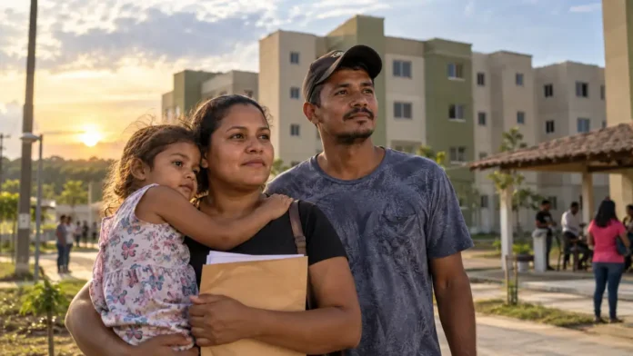 Família em composição editorial humanizada diante de residencial, representando retorno de 15 famílias à seleção do Morar Melhor II em Ji-Paraná