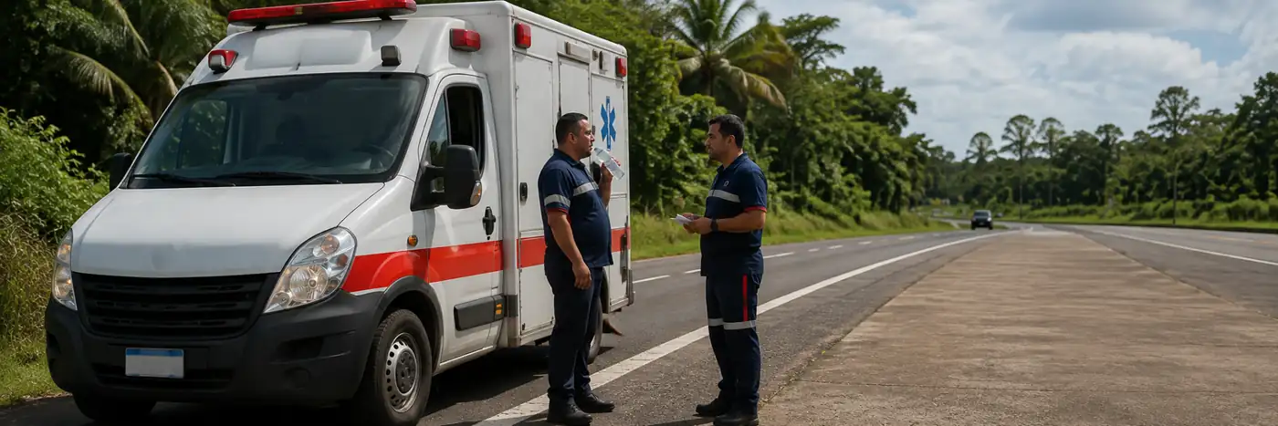 Ambulância em pausa segura durante viagem em Rondônia