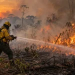 MPRO acompanha resposta às queimadas; operação soma 1.781 eventos combatidos Bombeiros combatem fogo em área de vegetação em composição editorial sobre queimadas em Rondônia