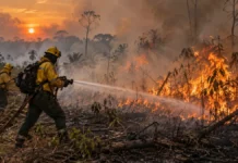 MPRO acompanha resposta às queimadas; operação soma 1.781 eventos combatidos Bombeiros combatem fogo em área de vegetação em composição editorial sobre queimadas em Rondônia
