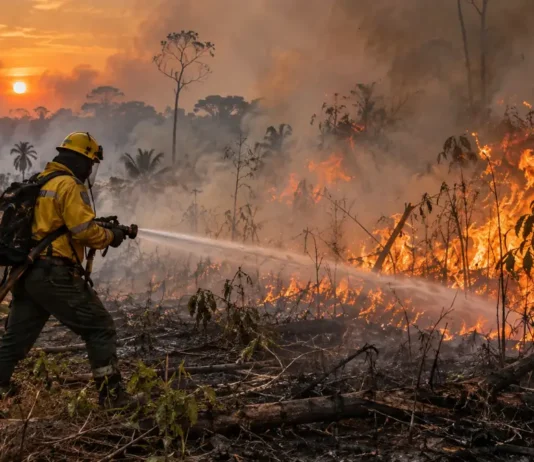 MPRO acompanha resposta às queimadas; operação soma 1.781 eventos combatidos Bombeiros combatem fogo em área de vegetação em composição editorial sobre queimadas em Rondônia