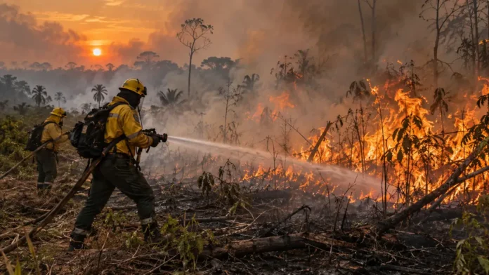Bombeiros combatem fogo em área de vegetação em composição editorial sobre queimadas em Rondônia