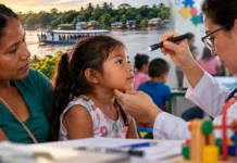 Crianças do Baixo Madeira recebem neuropediatria; famílias ainda aguardam detalhes das próximas etapas Composição editorial ilustrativa sobre atendimento neuropediátrico a crianças do Baixo Madeira, com contexto ribeirinho e acolhimento em saúde.