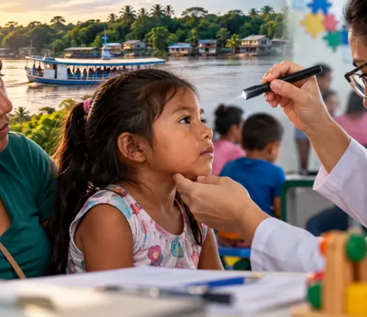 Crianças do Baixo Madeira recebem neuropediatria; famílias ainda aguardam detalhes das próximas etapas Composição editorial ilustrativa sobre atendimento neuropediátrico a crianças do Baixo Madeira, com contexto ribeirinho e acolhimento em saúde.