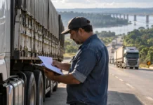 ANTT fixa novo marco do CIOT; regra ampliada já valia desde maio Novo marco do CIOT ilustrado por caminhão e motorista consultando documentos em rodovia; imagem não documental.
