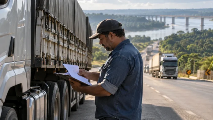 Novo marco do CIOT ilustrado por caminhão e motorista consultando documentos em rodovia; imagem não documental.