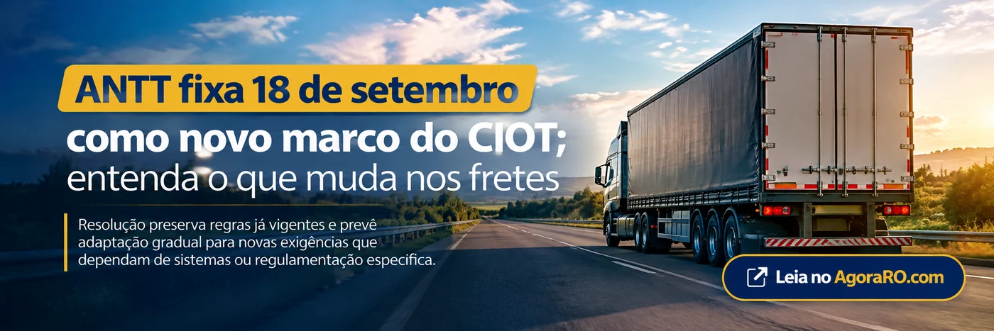 novo marco do CIOT: faixa ilustrativa com caminhão em estrada e informação sobre as regras de frete; cena não documental.