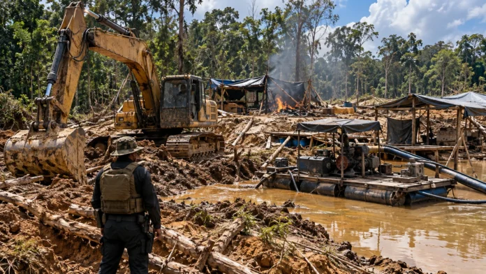 Operação Fornalha em área de garimpo ilegal com máquinas e estrutura de extração