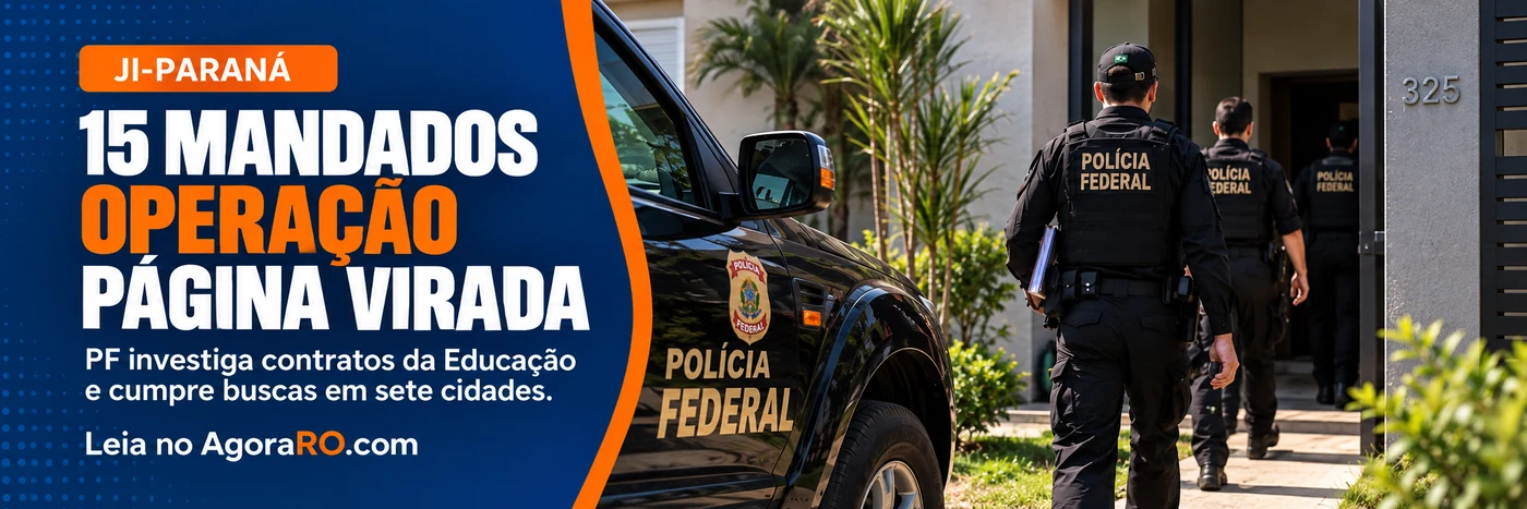 Faixa ilustrativa sobre a Operação Página Virada e os 15 mandados em sete cidades, com assinatura AgoraRO.