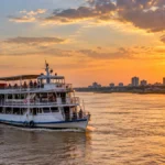 Porto Velho terá 1.500 ingressos grátis para passeios no Rio Madeira Composição editorial de barco de passageiros navegando em rio ao pôr do sol, para ilustrar passeio de barco no Rio Madeira.